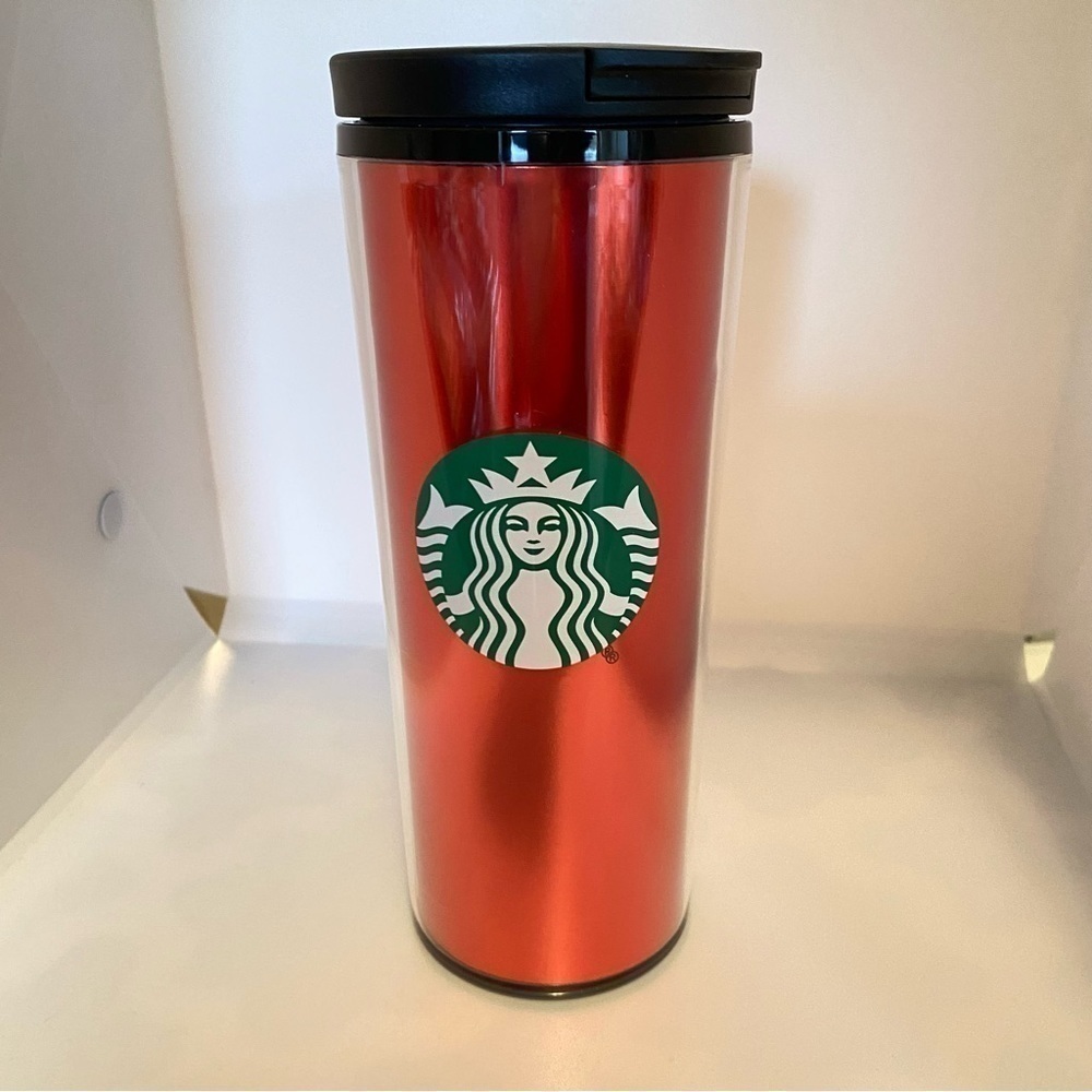 Starbucks Red Metallic Travel Coffee Beverage Mug 16 Ounce New Without Tag